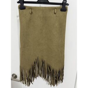 SESAME Olive‎ Green Faux Suede Fringe Skirt Boho Western Festival
